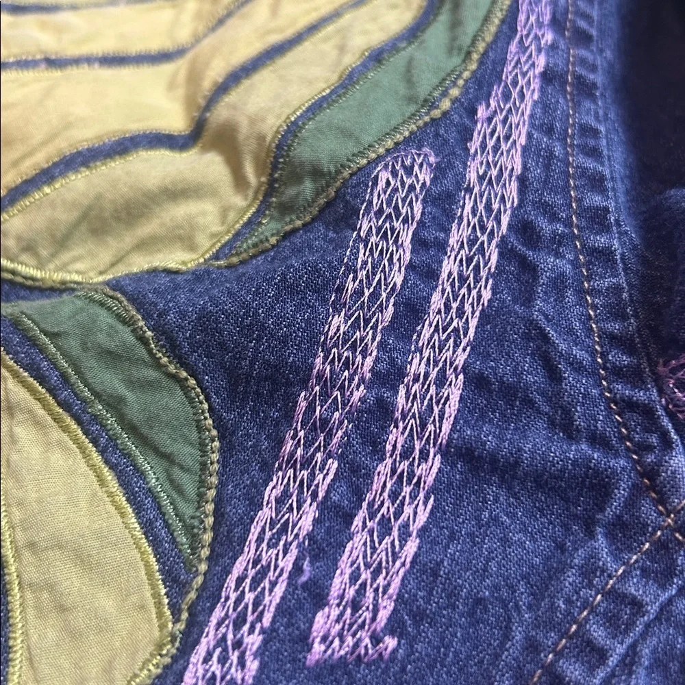 Marsh Landing Plant Embroidery Denim Jean Jacket Abstract Leaf Print Lily pad - Picture 9 of 12